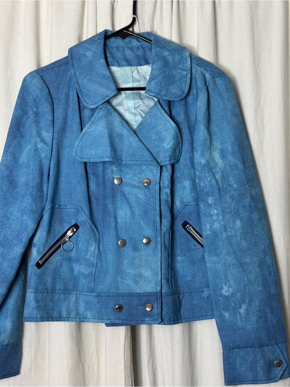 Vintage Blue Moto Cropped Double-Breasted Women's Jacket
